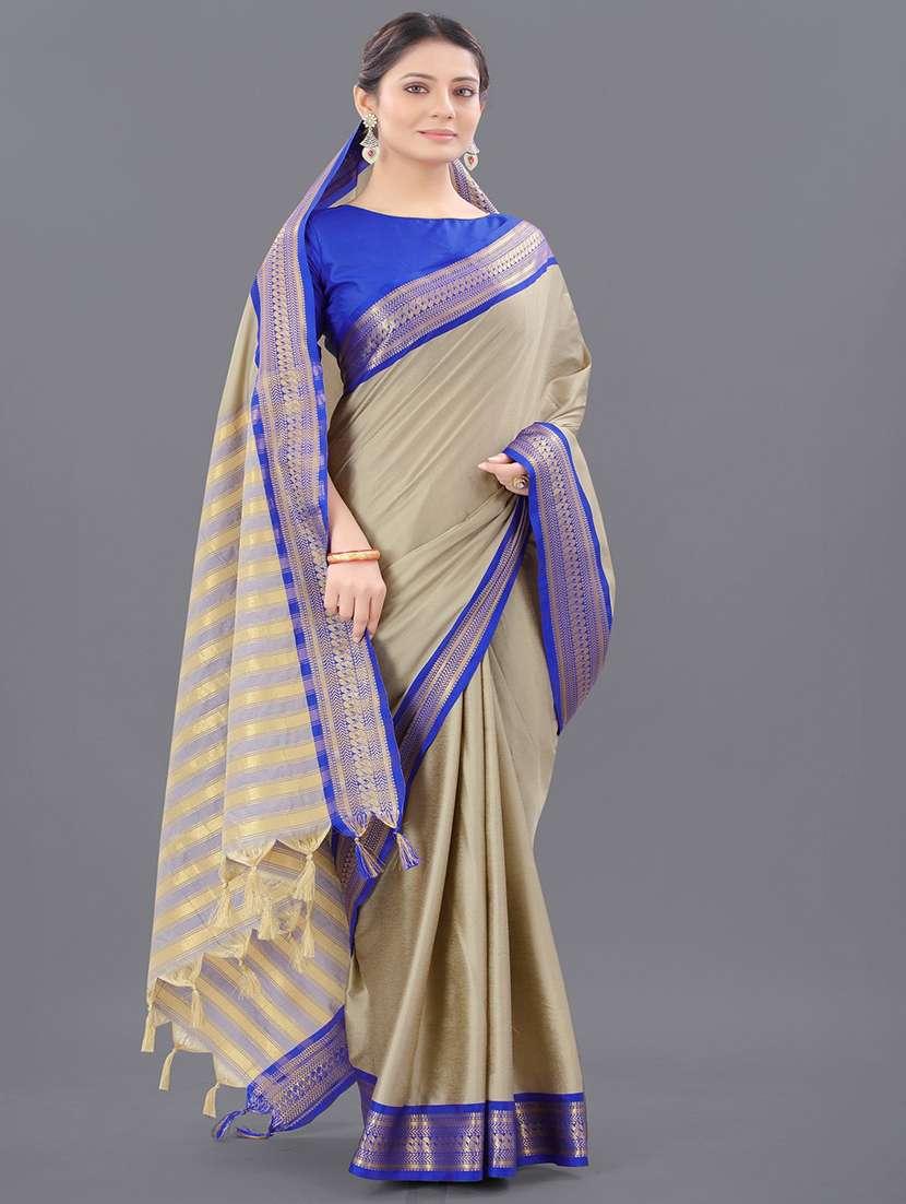 women solid with bordered saree with blouse - 22041564 -  Standard Image - 1