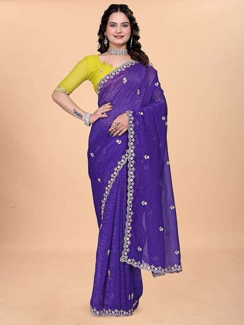 women solid with work embroidered saree with blouse - 22041621 - Standard Image - 0