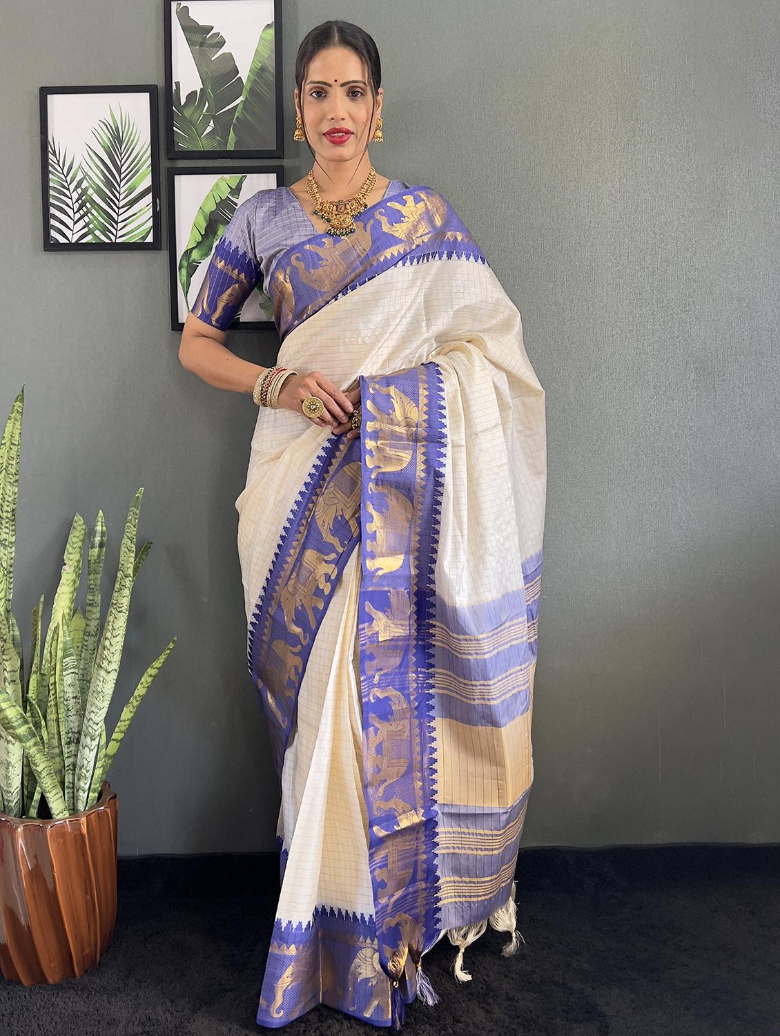 women checkered bordered saree with blouse - 22041628 - Standard Image - 4