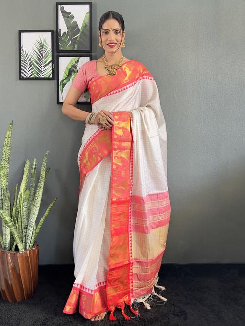 women checkered bordered saree with blouse - 22041631 -  Standard Image - 0