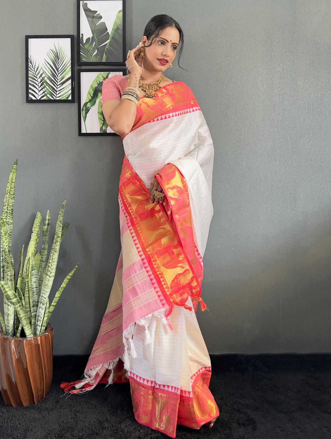 women checkered bordered saree with blouse - 22041631 -  Standard Image - 1