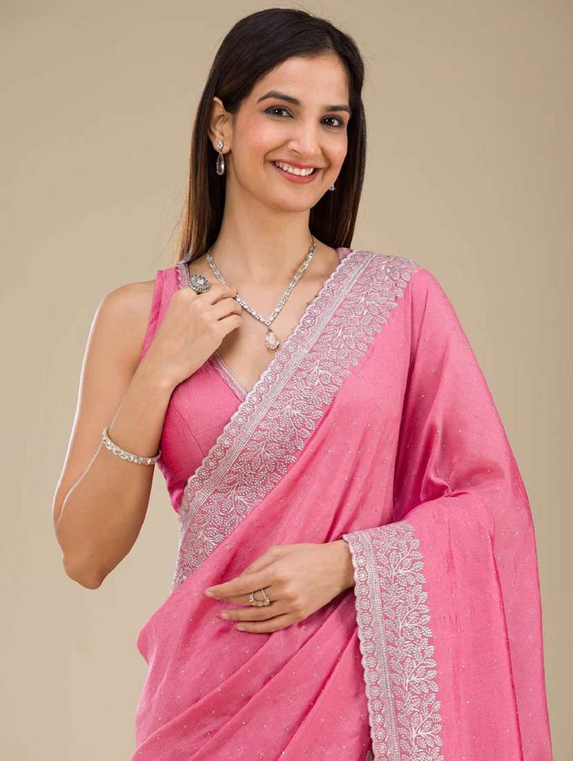 women solid with bordered saree with blouse - 22041737 - Standard Image - 4