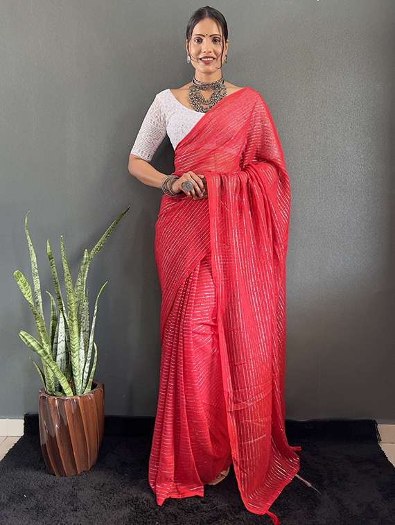 women striped printed saree with blouse - 22041799 -  Zoom Image - 0
