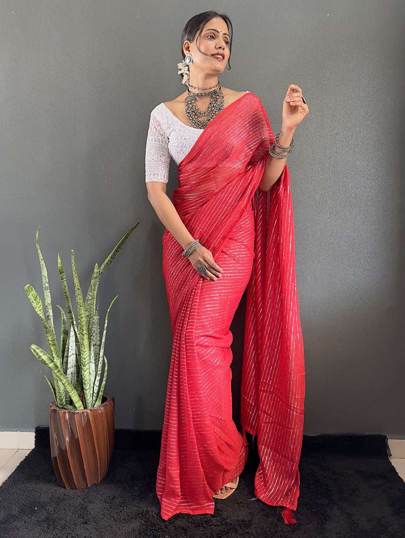women striped printed saree with blouse - 22041799 -  Standard Image - 1