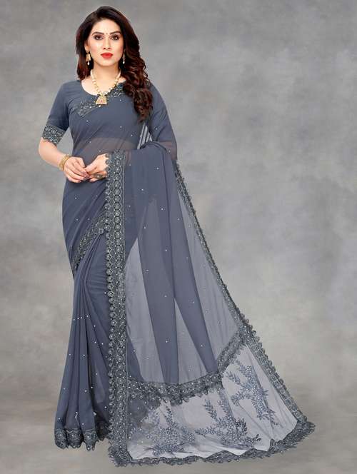 women solid with work embroidered saree with blouse - 22041847 -  Standard Image - 0