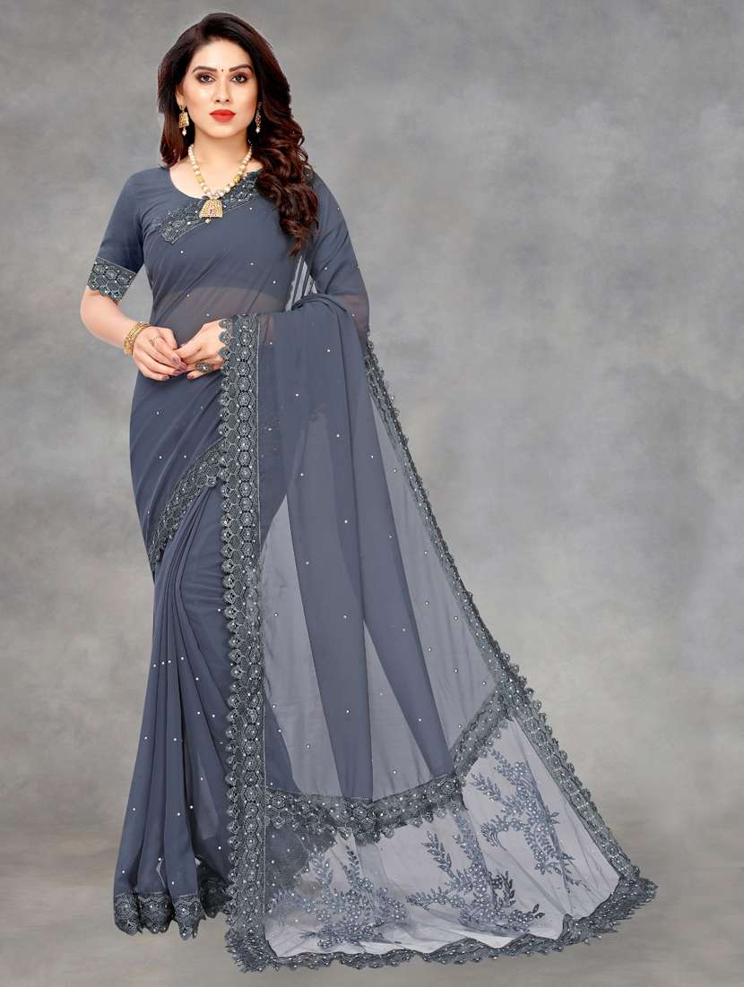 women solid with work embroidered saree with blouse - 22041847 -  Zoom Image - 0