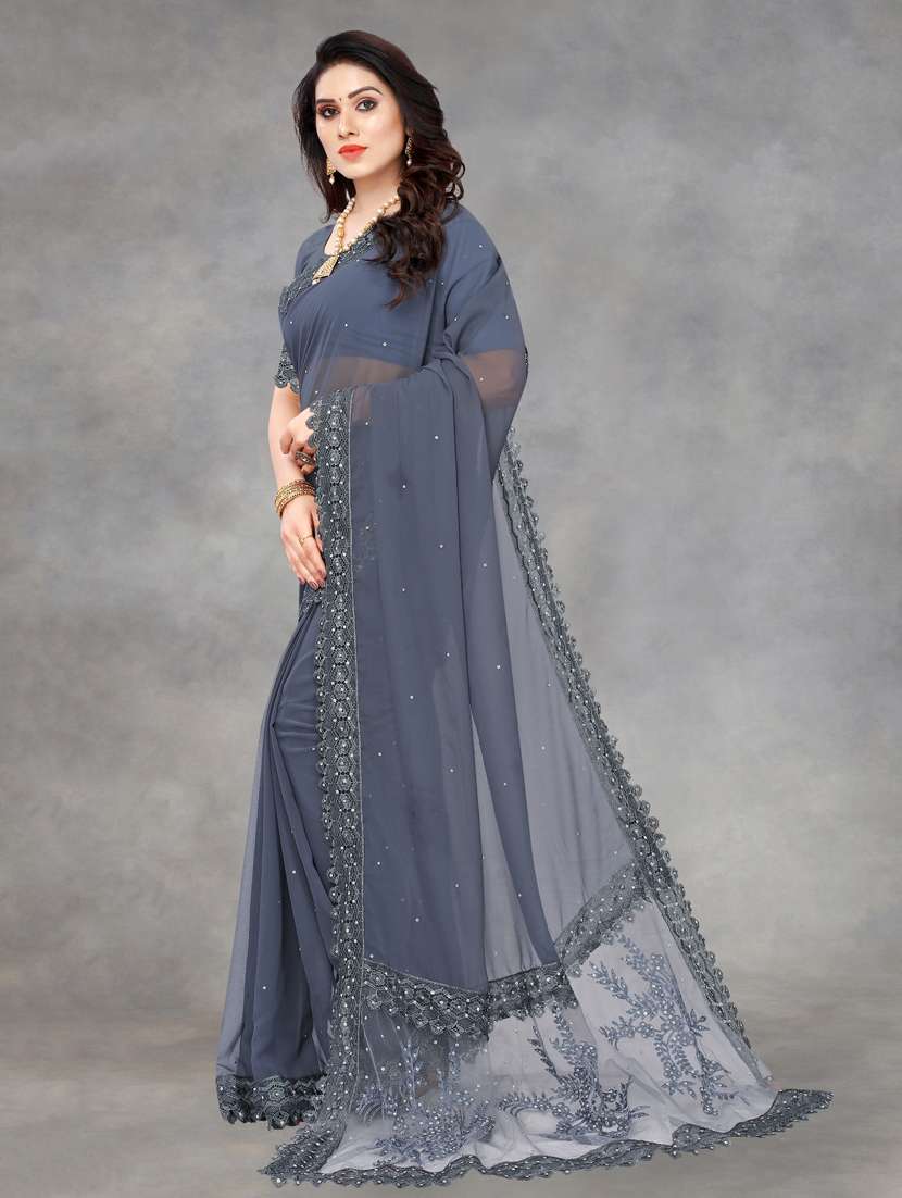 women solid with work embroidered saree with blouse - 22041847 -  Standard Image - 1