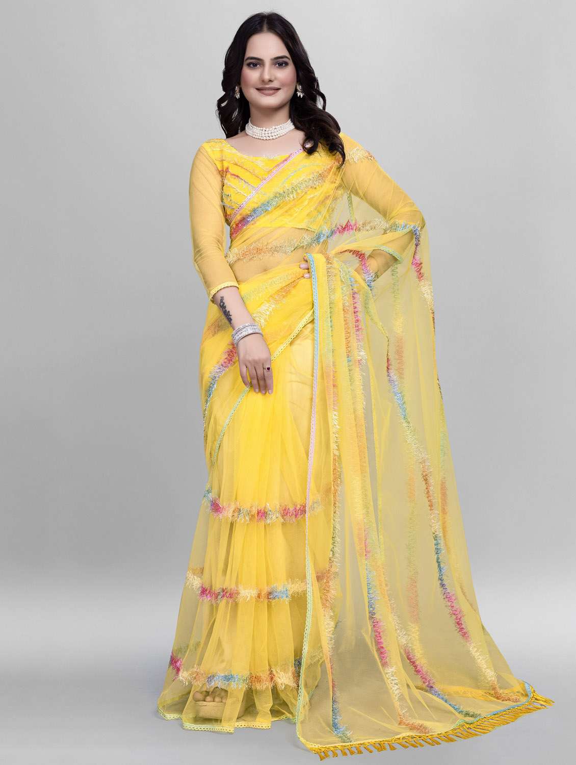 women solid with work embroidered saree with blouse