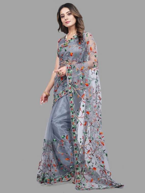 women solid with work embroidered saree with blouse - 22041874 -  Standard Image - 1