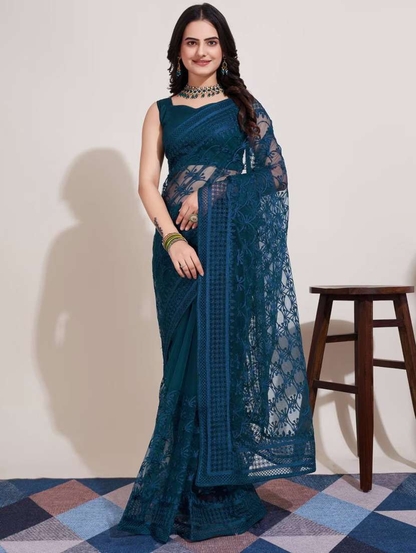women solid with work embroidered saree with blouse