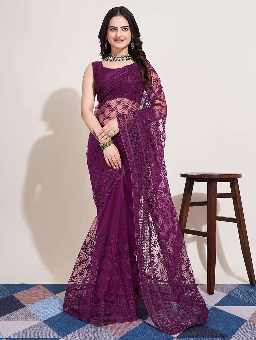 women solid with work embroidered saree with blouse