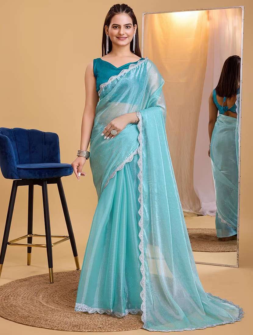 women solid with work embellished saree with blouse