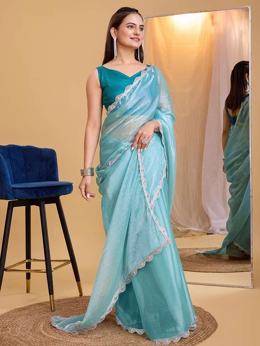 women solid with work embellished saree with blouse - 22041882 - Standard Image - 1