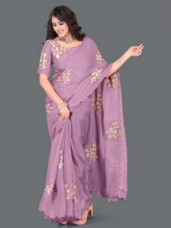 women solid with work embroidered saree with blouse - 22041884 - Standard Image - 4