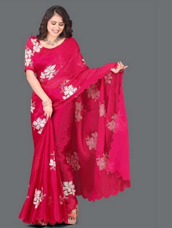 women solid with work embroidered saree with blouse - 22041885 - Standard Image - 4