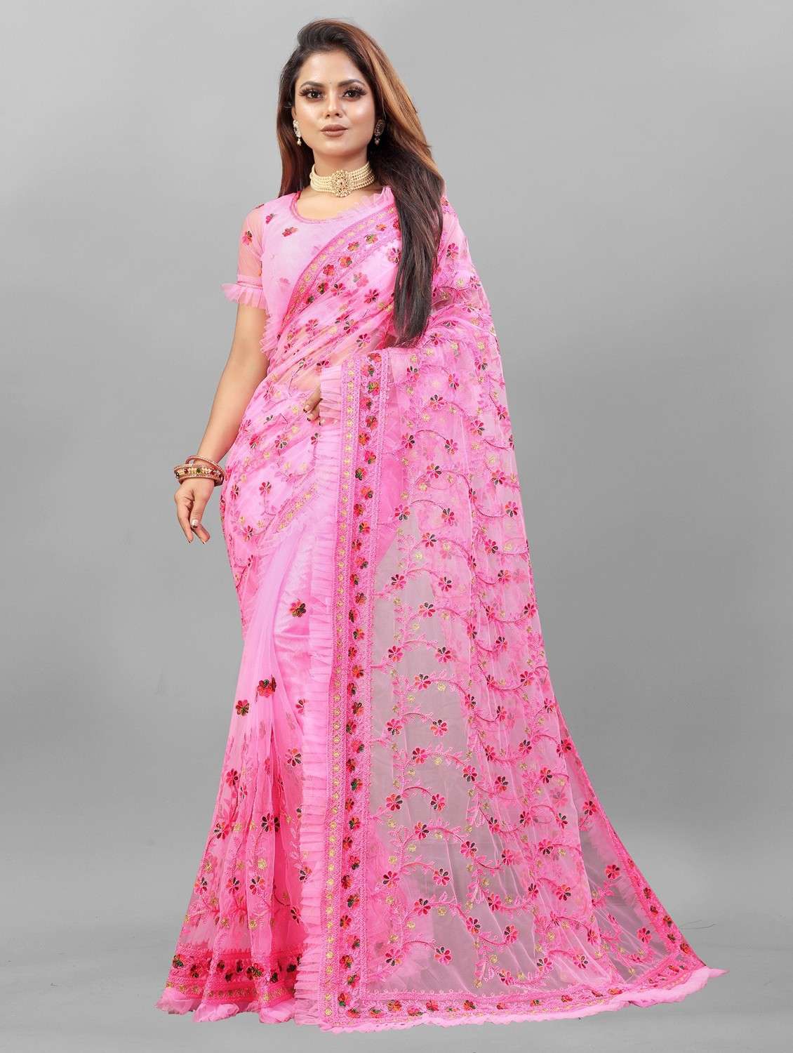 women solid with work embroidered saree with blouse