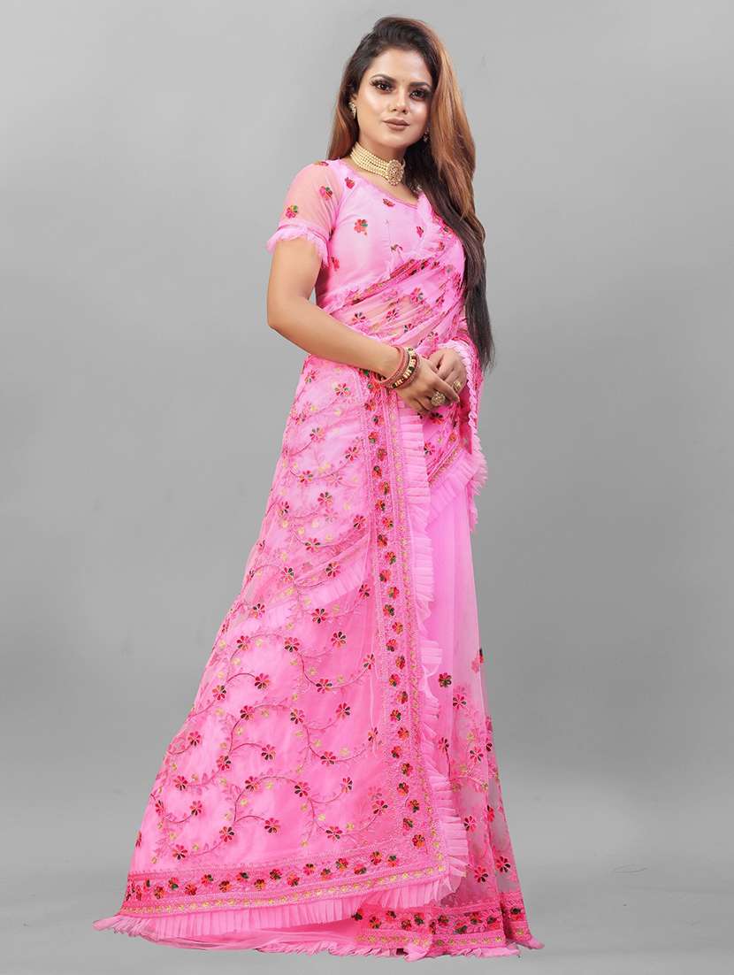 women solid with work embroidered saree with blouse - 22041919 - Standard Image - 1