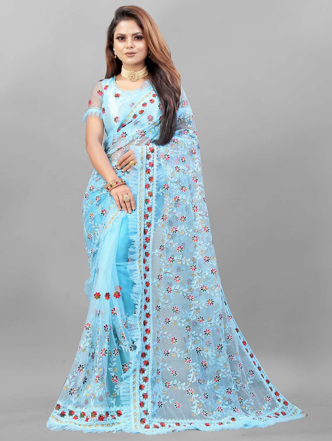 women solid with work embroidered saree with blouse