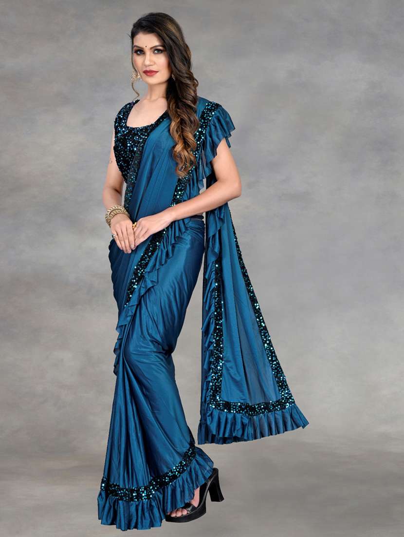 women solid with ruffle bordered saree with blouse - 22041937 - Standard Image - 1