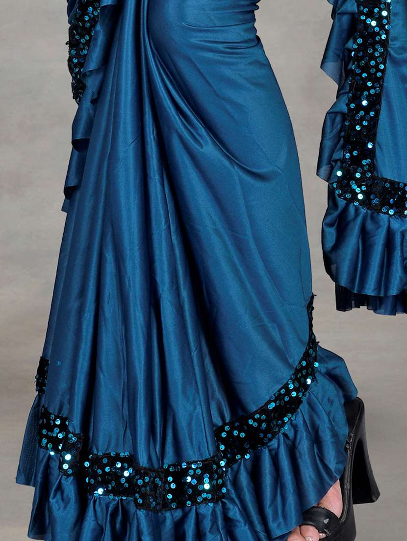women solid with ruffle bordered saree with blouse - 22041937 - Standard Image - 4