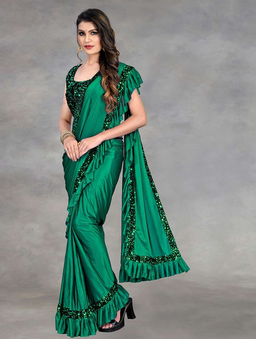 women solid with ruffle bordered saree with blouse - 22041938 -  Standard Image - 1