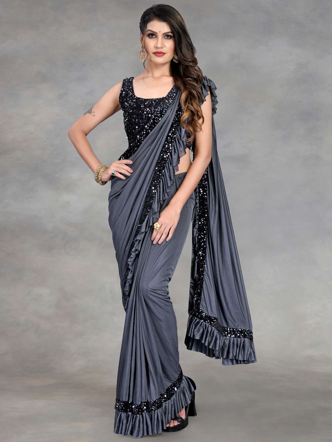 women solid with ruffle bordered saree with blouse - 22041939 -  Standard Image - 1