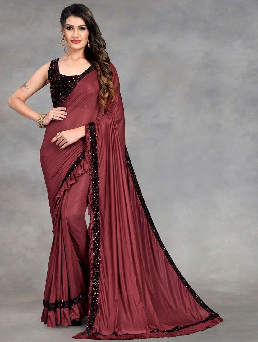 women solid with ruffle bordered saree with blouse - 22041940 -  Standard Image - 1