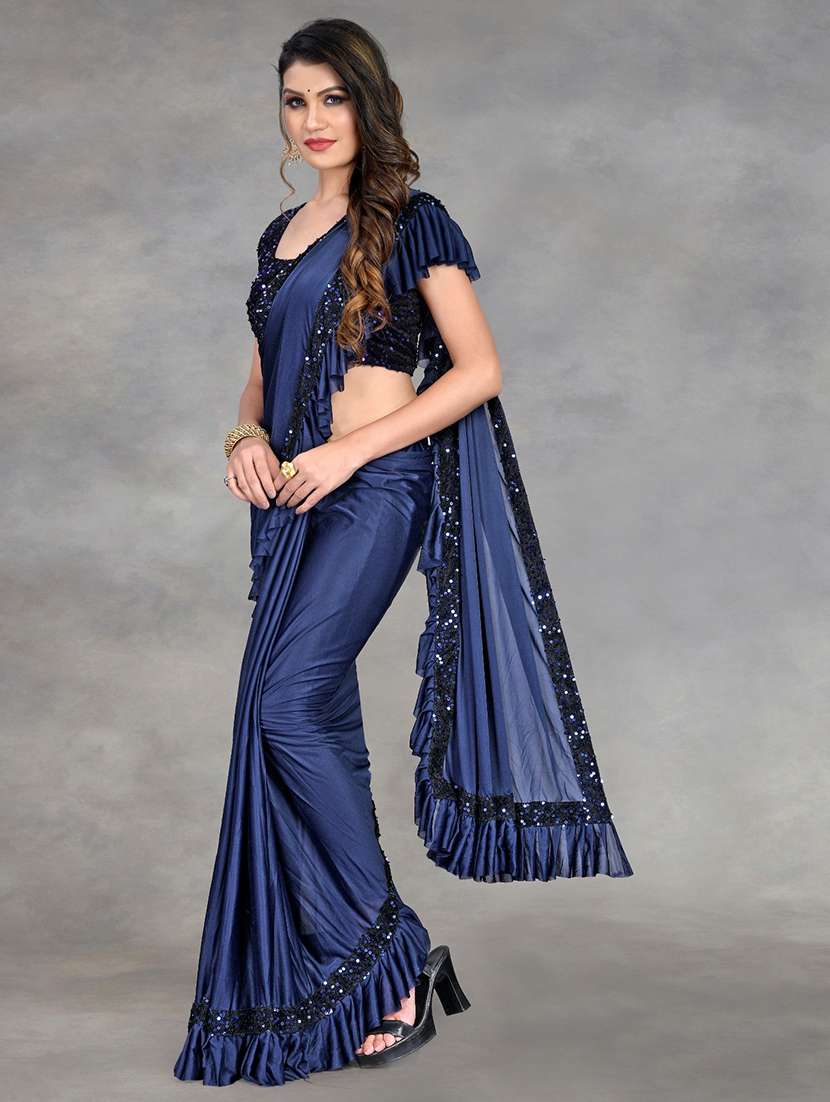 women solid with ruffle bordered saree with blouse - 22041941 -  Standard Image - 1
