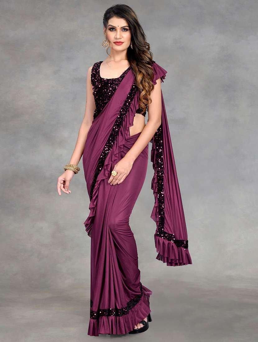 women solid with ruffle bordered saree with blouse