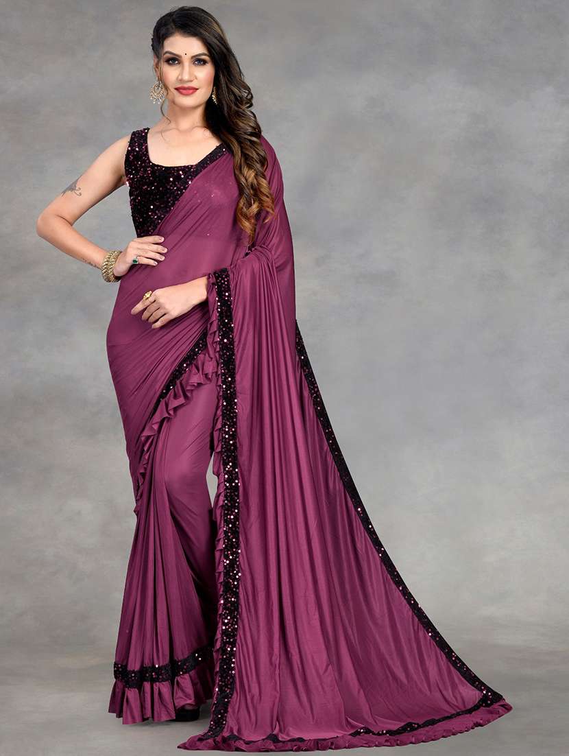 women solid with ruffle bordered saree with blouse - 22041942 - Standard Image - 1