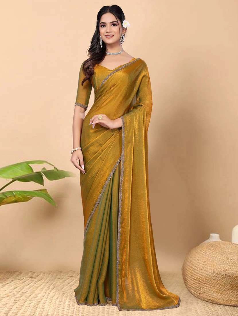 women solid with embellished bordered saree with blouse
