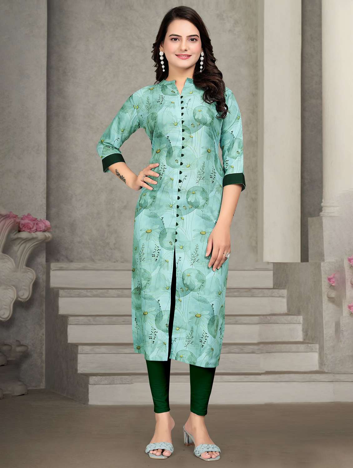 green rayon straight kurti - 22041977 - Standard Image - 1