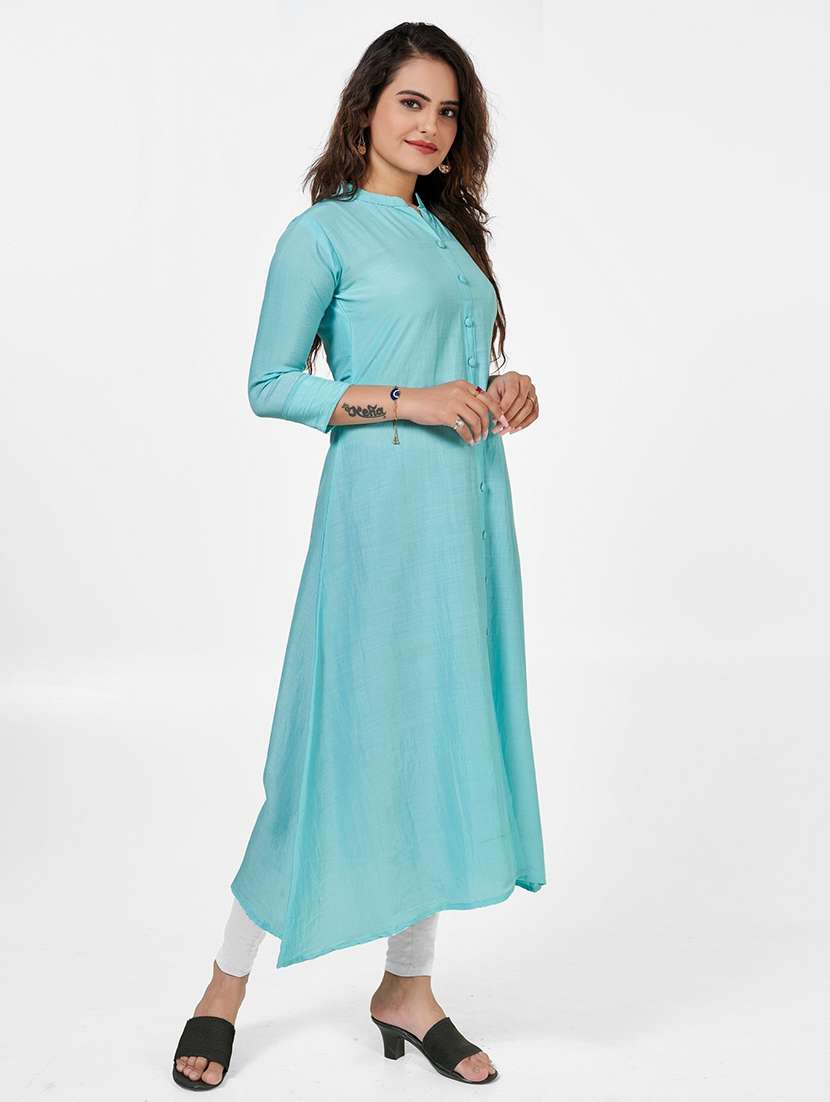 women solid three quarter sleeve a-line kurta - 22041979 -  Standard Image - 1