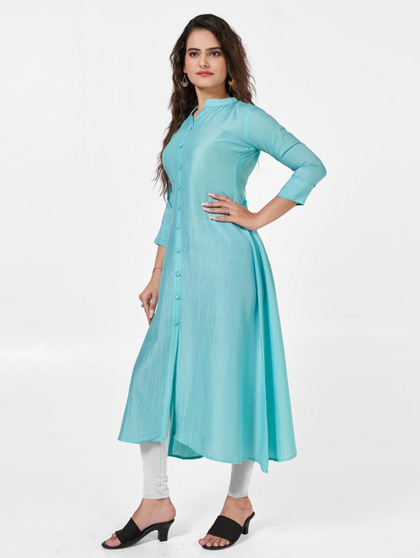 women solid three quarter sleeve a-line kurta - 22041980 - Standard Image - 1