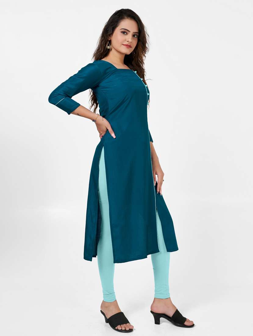teal silk straight kurti - 22041981 - Standard Image - 1