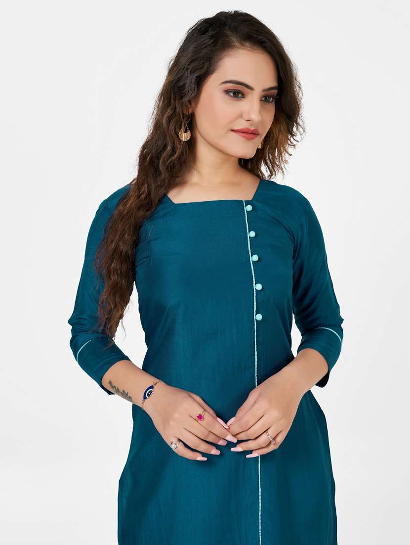 teal silk straight kurti - 22041981 - Standard Image - 4