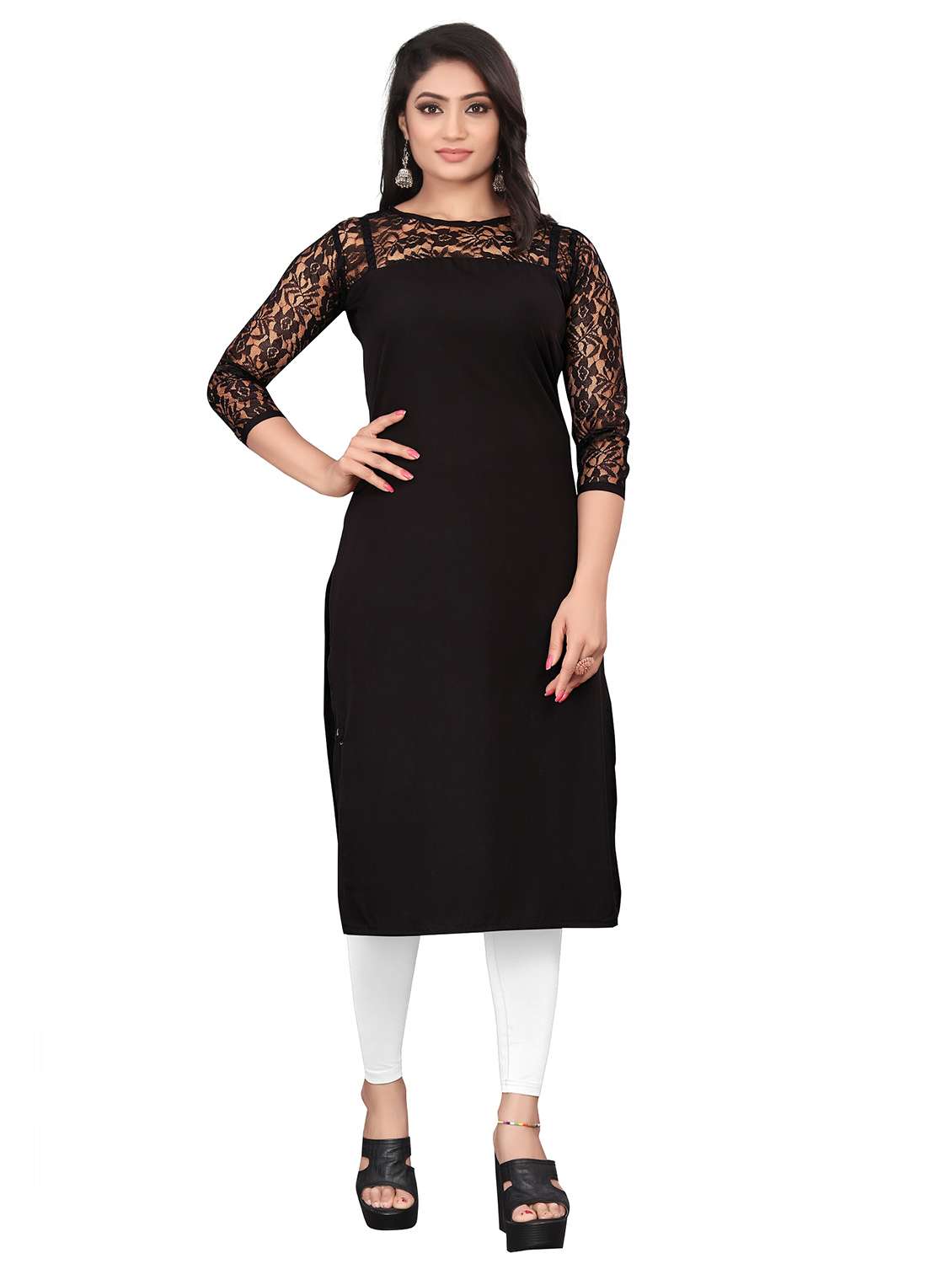 women solid three quarter sleeve straight kurta - 22041982 - Zoom Image - 0