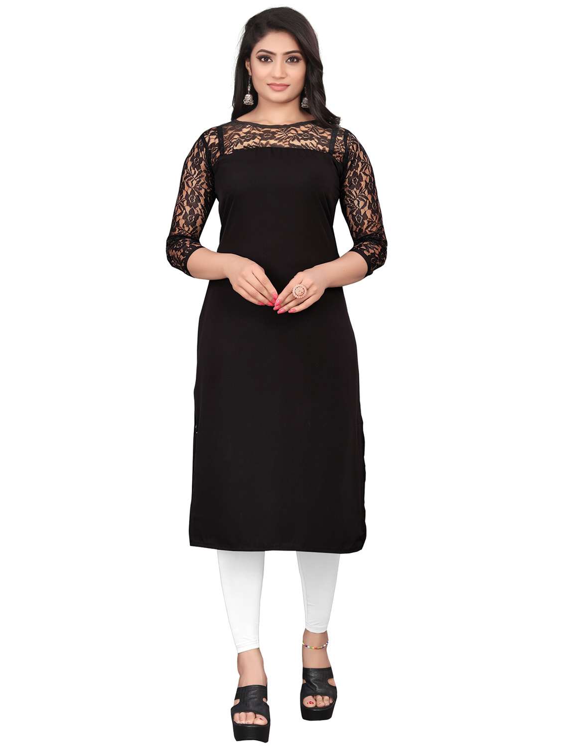 women solid three quarter sleeve straight kurta - 22041982 - Standard Image - 1
