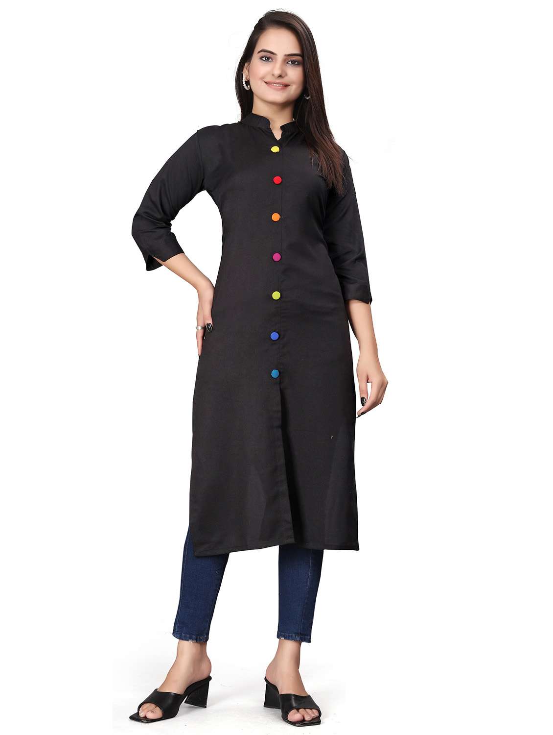 black cotton straight kurta - 22041983 - Zoom Image - 0