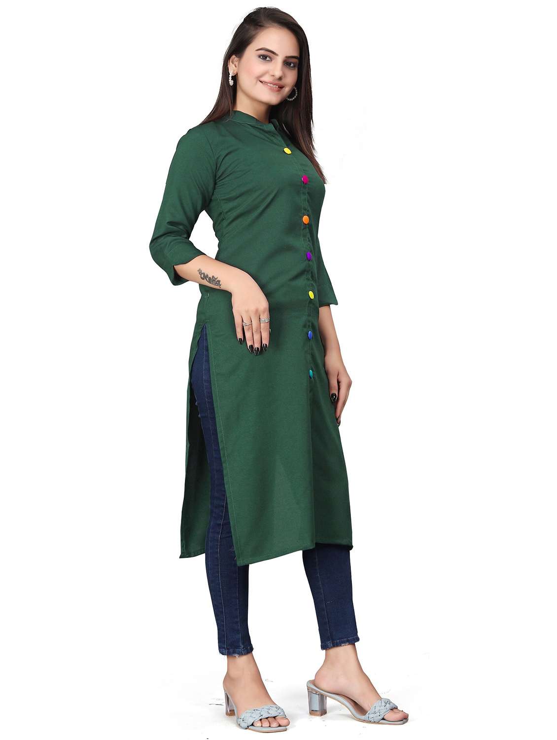 women solid three quarter sleeve straight kurta - 22041984 - Standard Image - 1