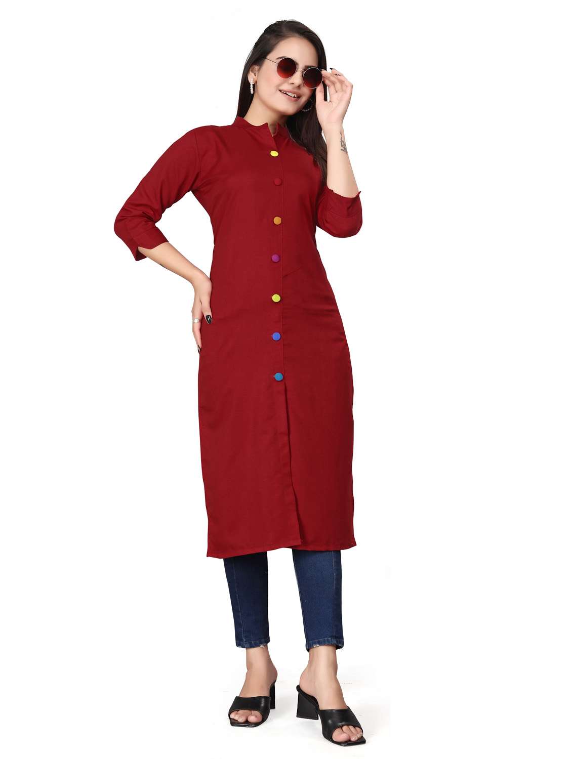 women solid three quarter sleeve straight kurta  - 22041985 -  Standard Image - 1