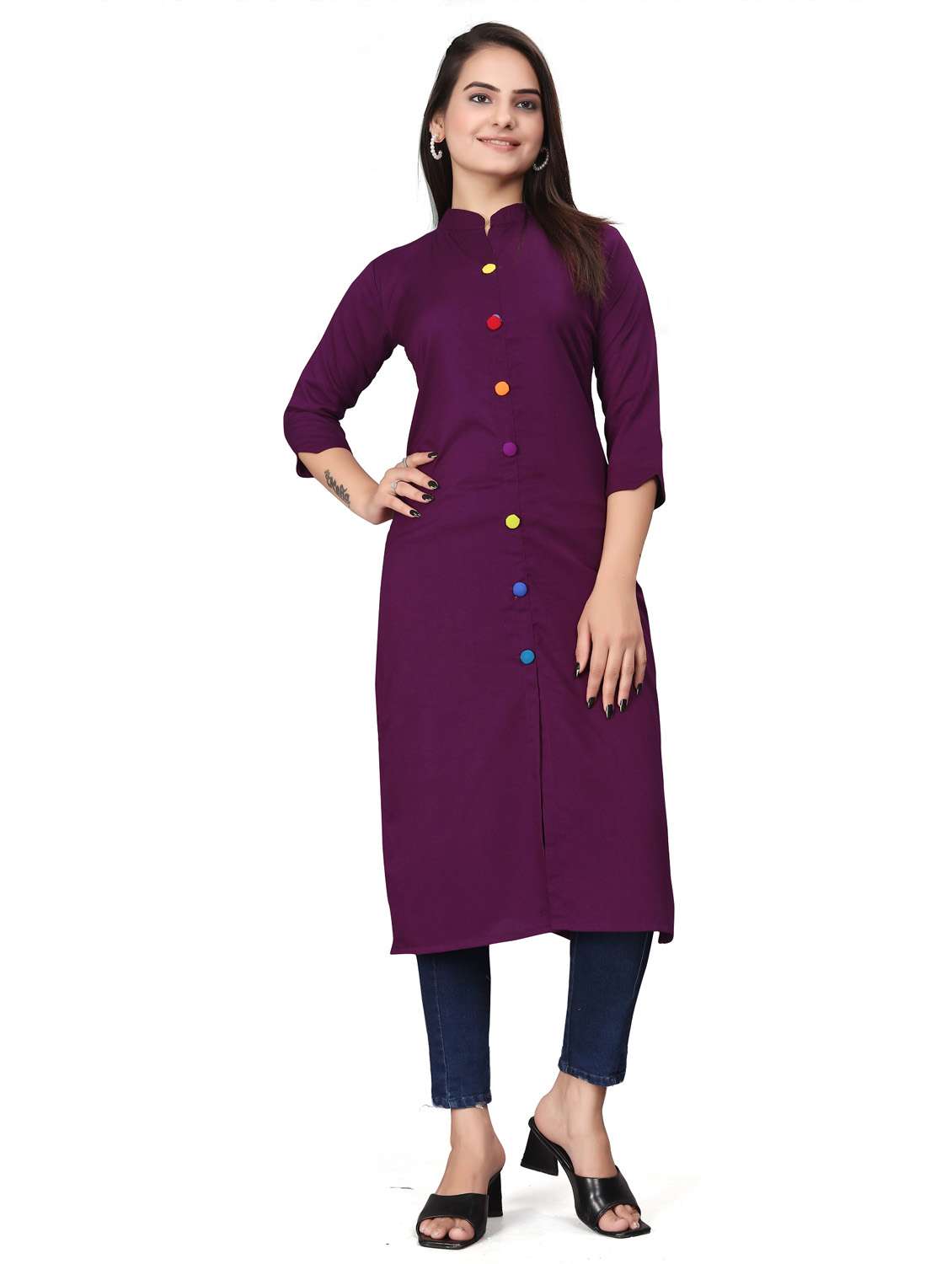 women solid three quarter sleeve straight kurta  - 22041987 -  Standard Image - 1