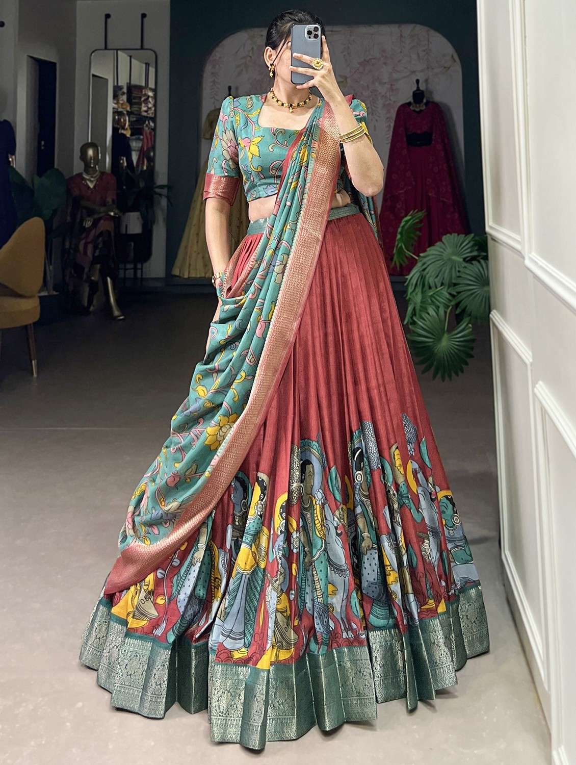 red women printed flared lehenga choli with duppata set lehenga - 22042005 - Zoom Image - 0