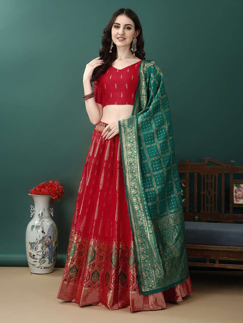 women self design flared unstitched lehenga