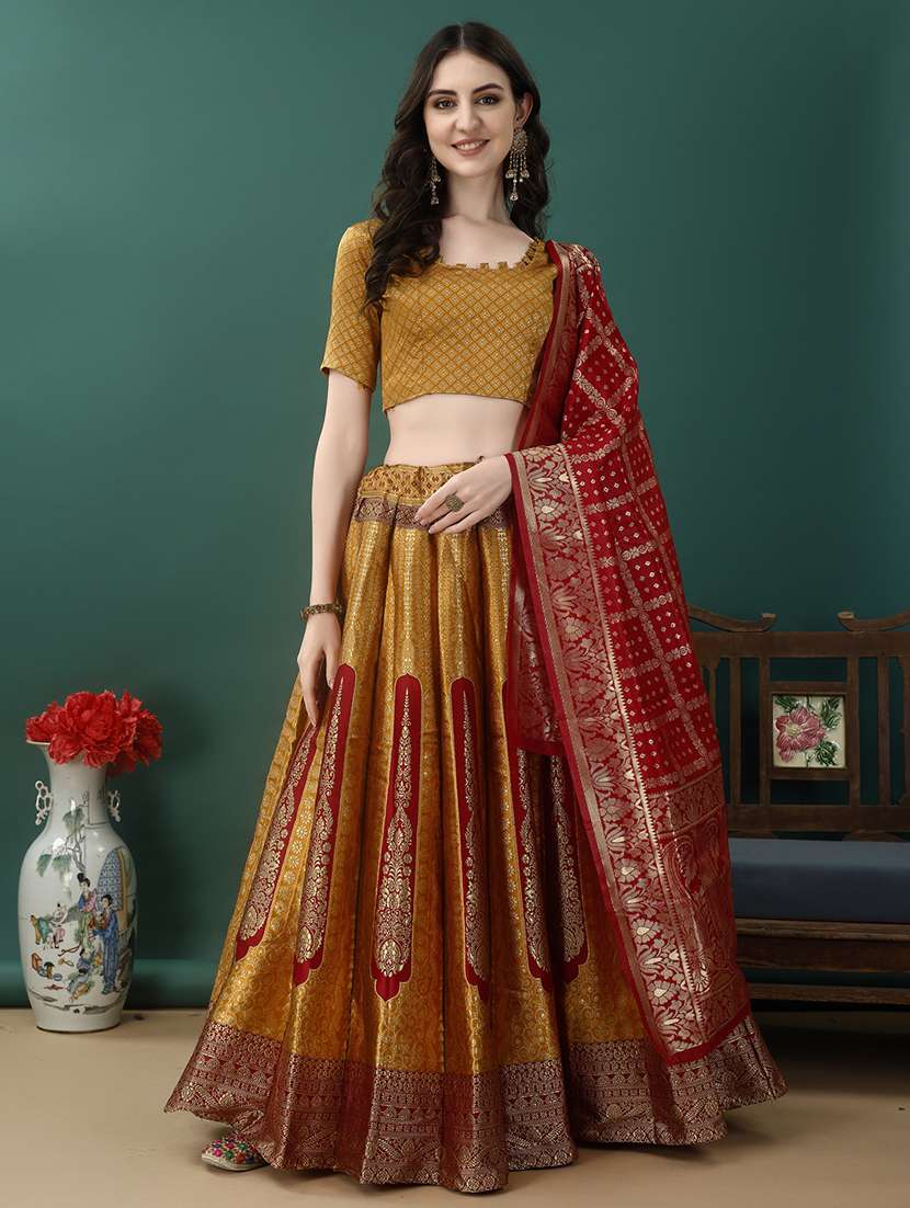 women self design flared unstitched lehenga