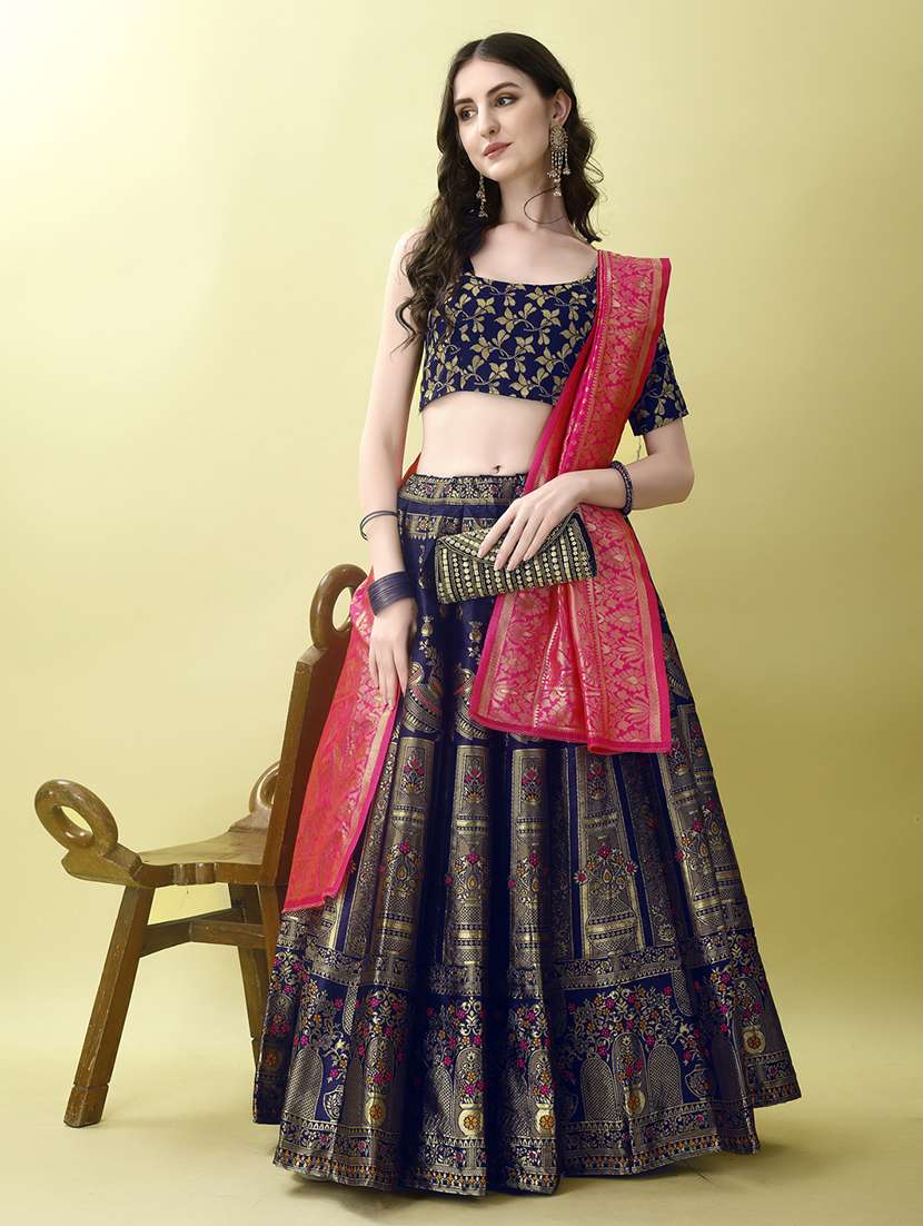 women self design flared unstitched lehenga