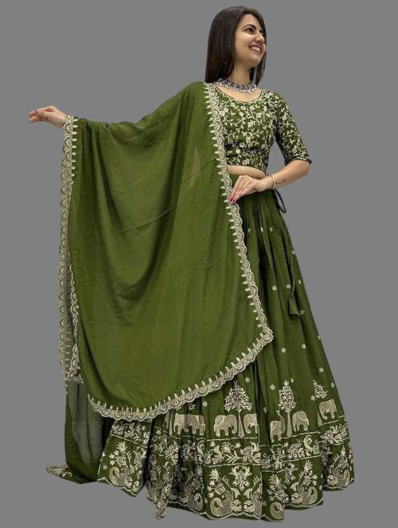 sea green silk blend flared lehenga - 22042148 - Zoom Image - 0