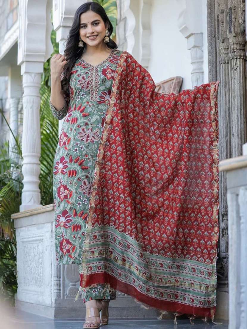 women printed three quarter sleeve kurta pant with dupatta set - 22042175 -  Standard Image - 1