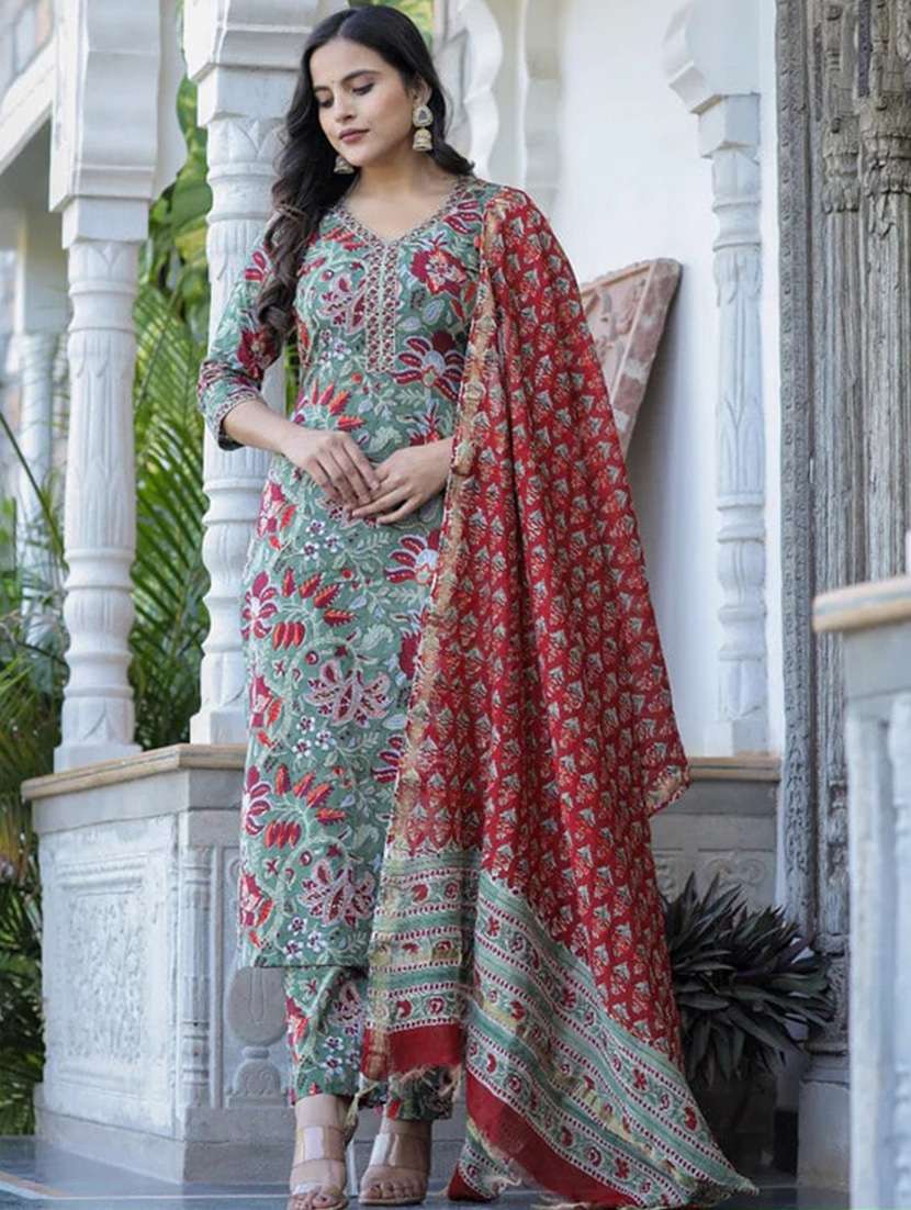 women printed three quarter sleeve kurta pant with dupatta set - 22042175 -  Standard Image - 4