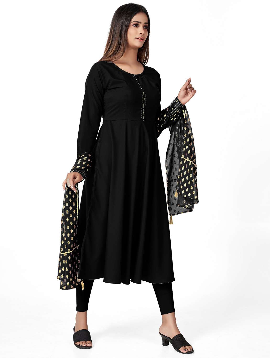 women solid long sleeve flared kurta and dupatta set - 22042184 -  Standard Image - 1